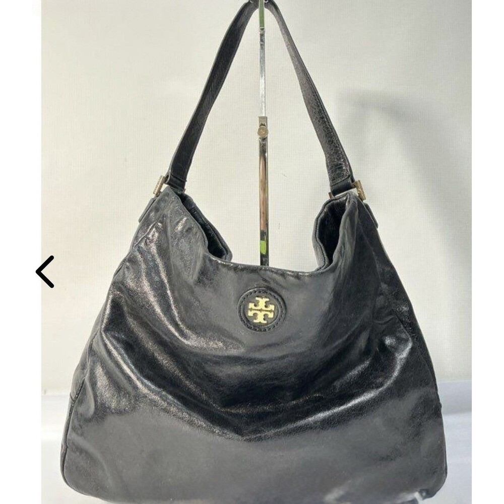 Tory Burch Black Glazed Leather Hobo Shoulder Bag Gold Medallion Logo Handbag
